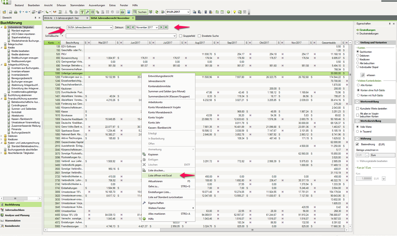 DATEV Saldenlisten-Export Auswahl