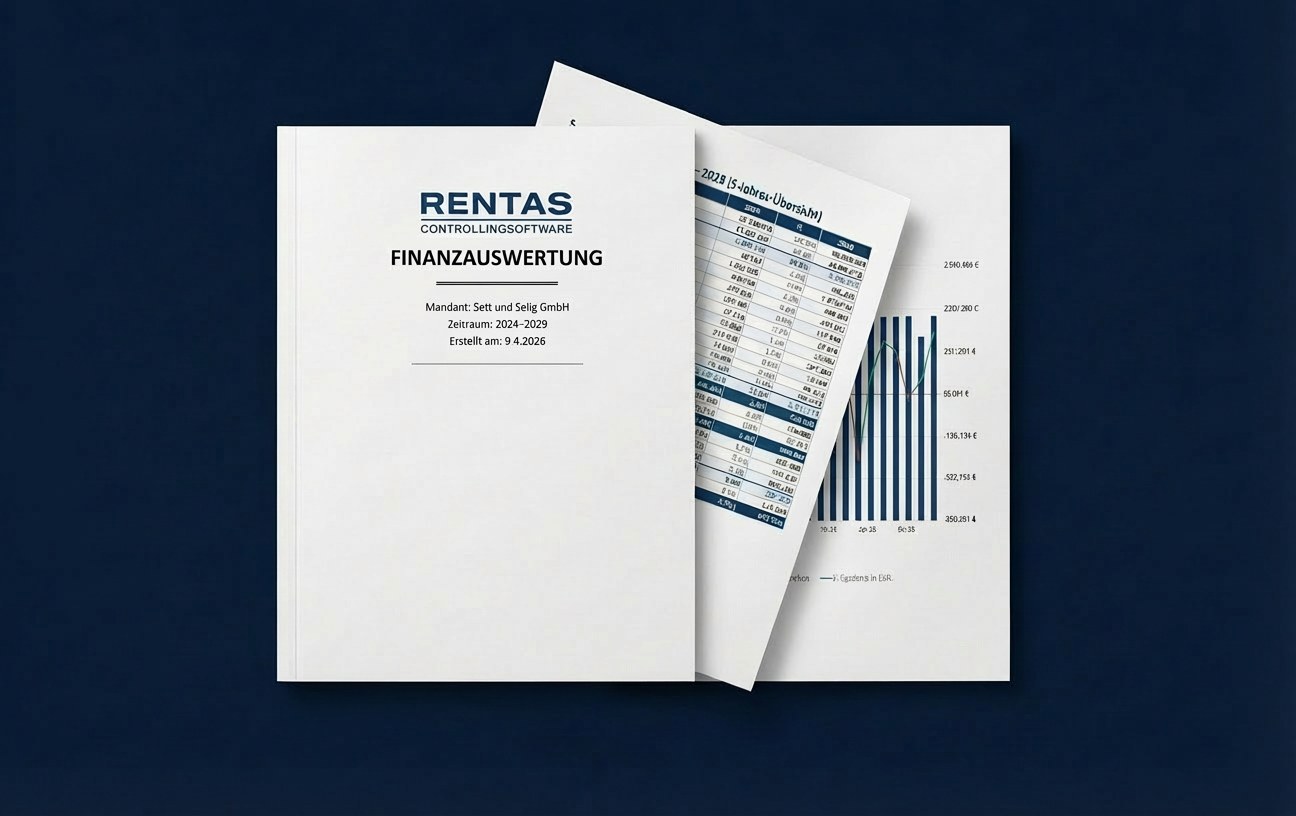Beratungsbericht aus RentaS – aufgeschlagenes Buch-Mockup mit Deckblatt und Finanzauswertung