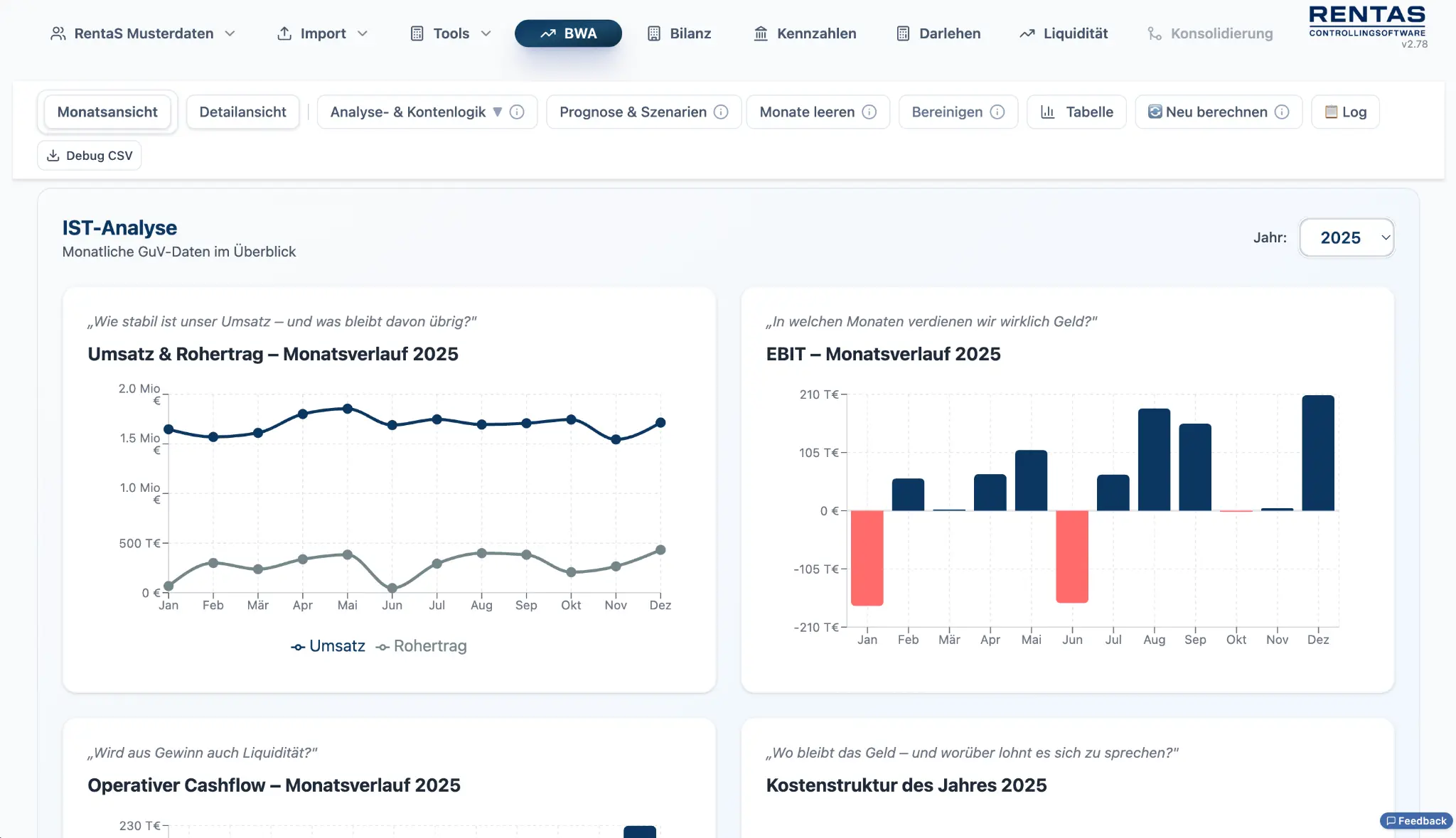 IST-Analyse: Diagramme zu Umsatz, Rohertrag und EBIT