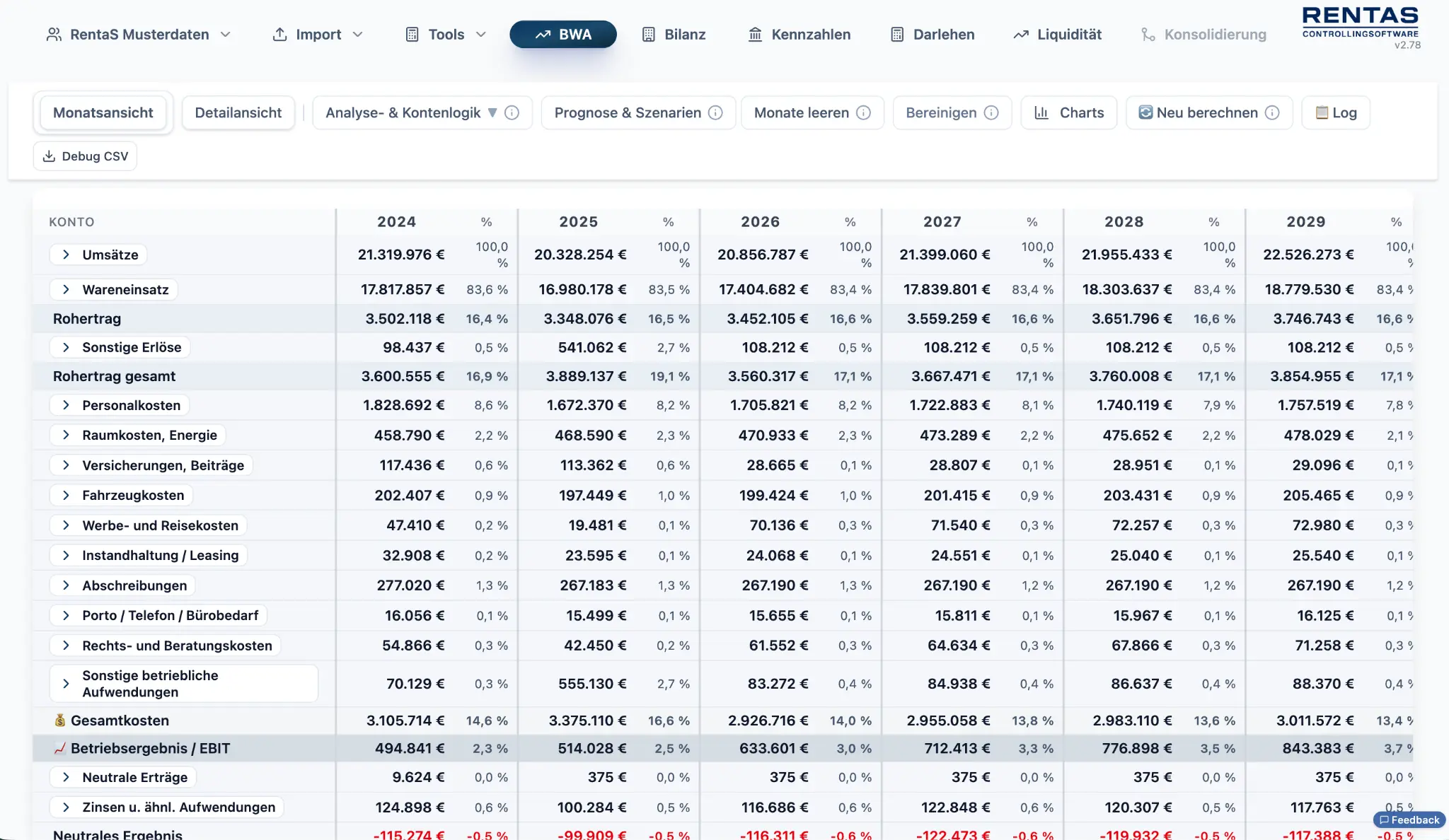BWA-Übersicht: sechs Planjahre im DATEV-Kontenrahmen SKR 03 (SKR 04 in Vorbereitung)