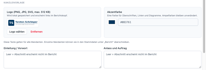 Beraterprofil in RentaS: Logo, Akzentfarbe und eigene Texte für den Beratungsbericht. Hinweis in der Oberfläche: Ampelfarben bleiben unverändert, das Logo wird lokal gespeichert.