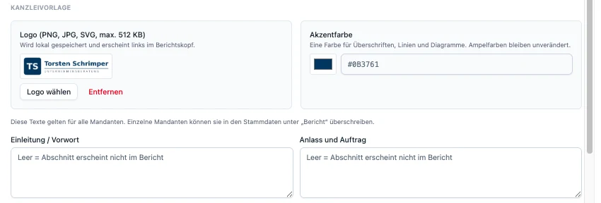 RentaS Beraterprofil, Kanzleivorlage: eigenes Logo für den Berichtskopf, Akzentfarbe, Textbausteine für Einleitung sowie Anlass und Auftrag.