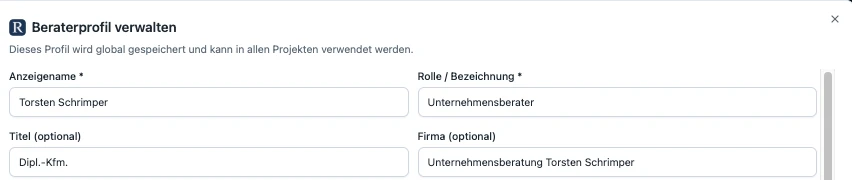 RentaS Beraterprofil verwalten: Anzeigename, Rolle, Titel und Firma des Beraters; das Profil wird global gespeichert und gilt in allen Projekten.