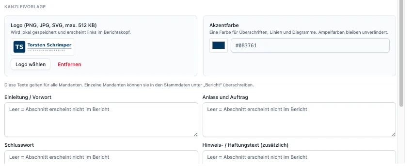 RentaS Kanzleivorlage im Beraterprofil: eigenes Logo für den Berichtskopf, Akzentfarbe, Textbausteine für Einleitung, Anlass und Auftrag, Schlusswort und Hinweistext.
