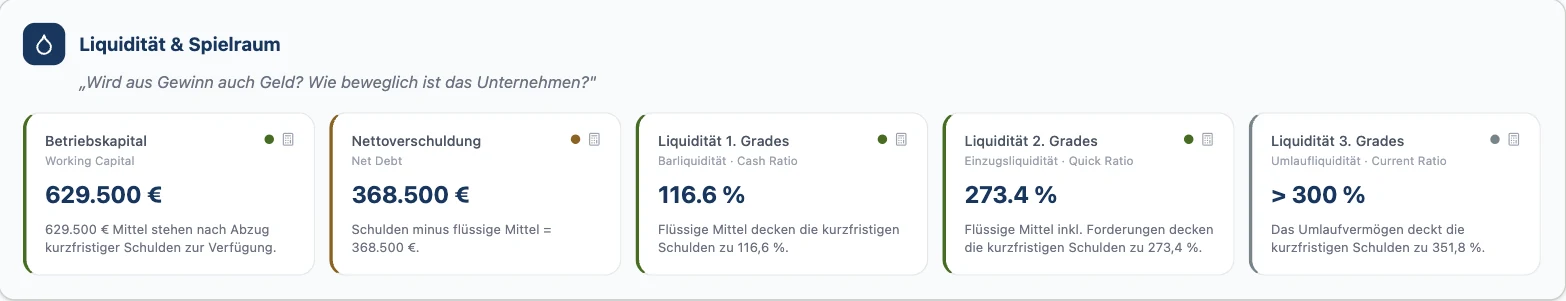 Liquidität und Spielraum 2023 in RentaS: Betriebskapital 629.500 Euro, Nettoverschuldung 368.500 Euro, Liquidität 1. Grades 116,6 Prozent, Liquidität 2. Grades 273,4 Prozent, Liquidität 3. Grades über 300 Prozent