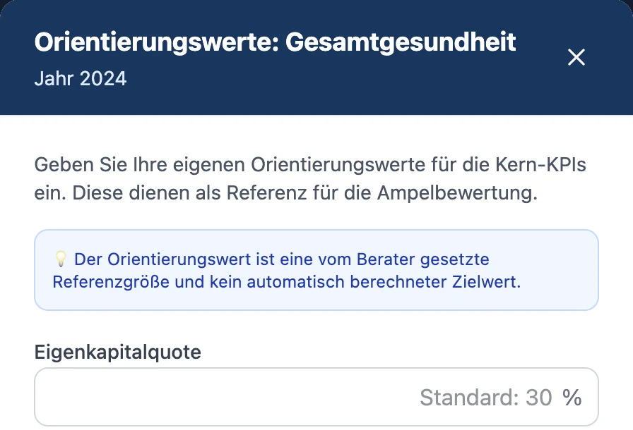 Dialog Orientierungswerte in RentaS: eigene Orientierungswerte für die Kern-Kennzahlen eingeben; Hinweis, dass der Orientierungswert eine vom Berater gesetzte Referenzgröße und kein automatisch berechneter Zielwert ist; Feld Eigenkapitalquote mit Standard 30 Prozent