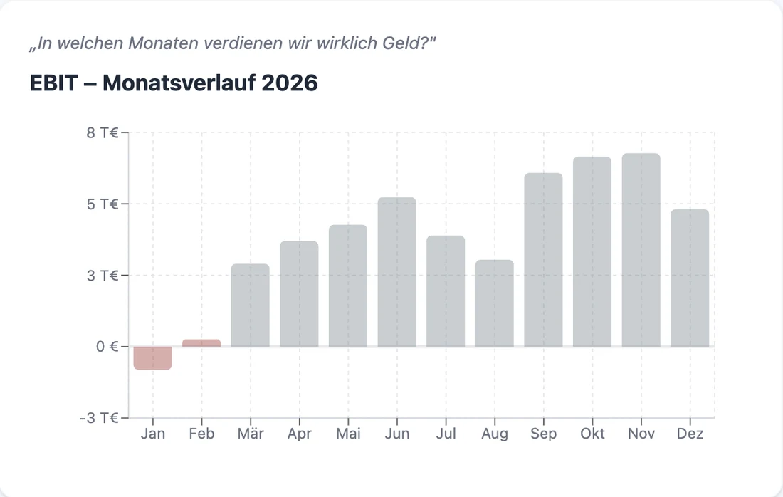 Auswertung in RentaS: Balkendiagramm des monatlichen Betriebsergebnisses von Januar bis Dezember; Januar und Februar liegen im Minus