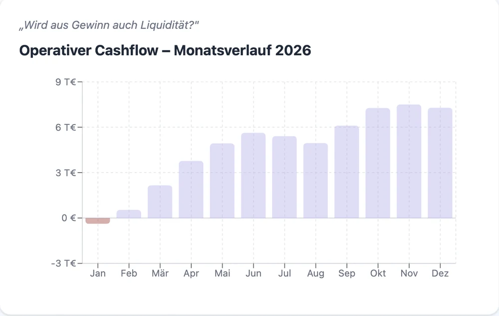 RentaS Auswertung: operativer Cashflow im Monatsverlauf 2026, mit der Frage „Wird aus Gewinn auch Liquidität?“ – der Januar liegt im Minus.