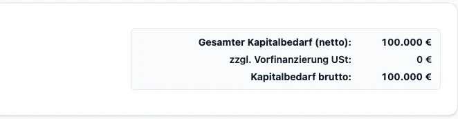 RentaS Kapitalbedarfsplanung des Musterbetriebs Elektrotechnik: gesamter Kapitalbedarf netto 100.000 Euro, Vorfinanzierung Umsatzsteuer 0 Euro, Kapitalbedarf brutto 100.000 Euro.