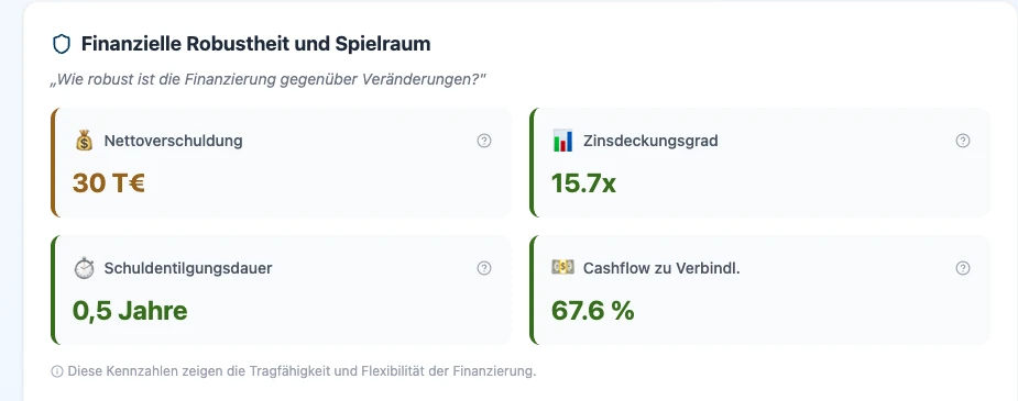 RentaS Kennzahlen-Dashboard des Musterbetriebs Elektrotechnik, Kategorie „Finanzielle Robustheit und Spielraum“: Nettoverschuldung 30 T€, Zinsdeckungsgrad 15,7x, Schuldentilgungsdauer 0,5 Jahre, Cashflow zu Verbindlichkeiten 67,6 Prozent.