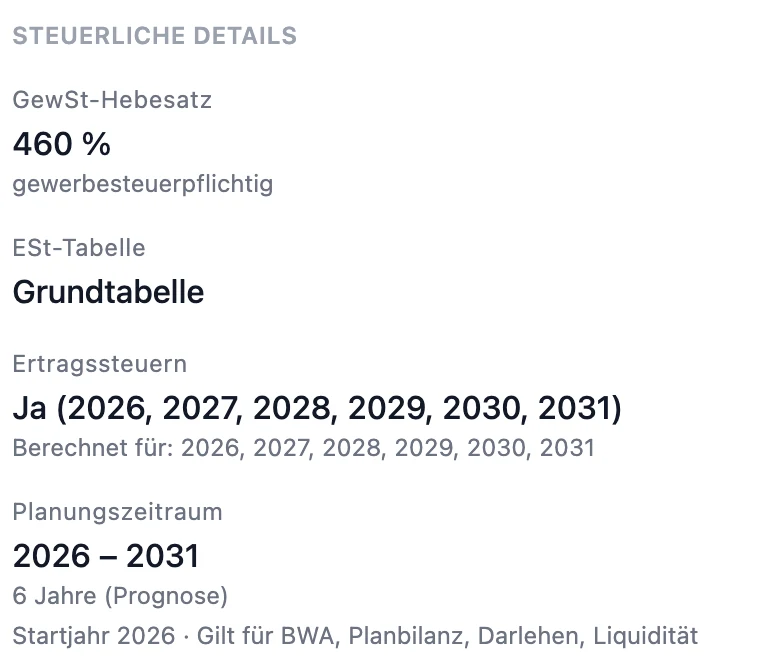 Steuerliche Details in den Stammdaten von RentaS: Gewerbesteuer-Hebesatz, Einkommensteuertabelle und die Planjahre, für die die Ertragsteuern berechnet werden