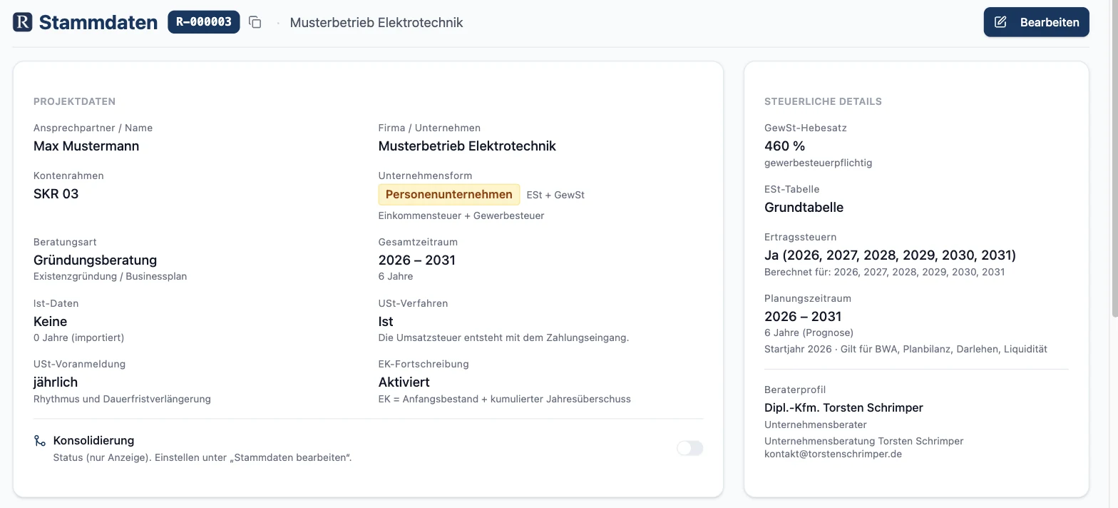 RentaS Stammdaten am Musterbetrieb Elektrotechnik: Mandantennummer, Kontenrahmen SKR 03, Unternehmensform, Planungszeitraum und Beraterprofil