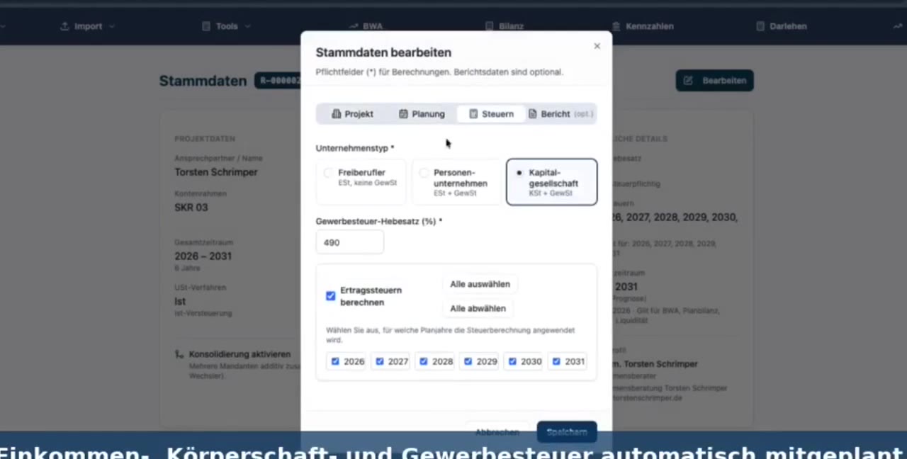 RentaS Stammdaten-Dialog: Unternehmenstyp und Steuerdaten