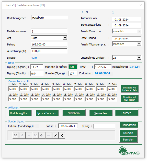 Screenshot des RENTAS Darlehensrechners mit Eingabefeldern für Darlehensdaten und Berechnungsergebnissen